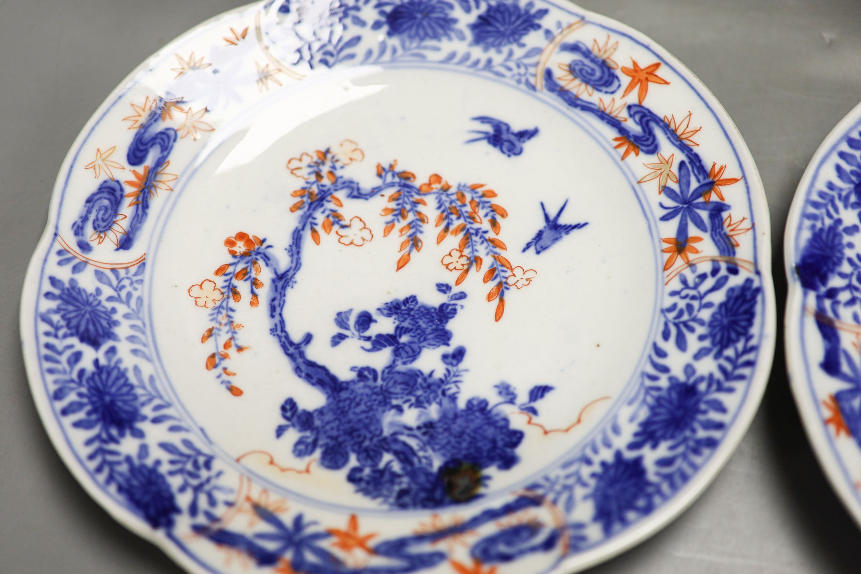 Three 18th century Chinese Imari plates and two 19th century Japanese Imari plates